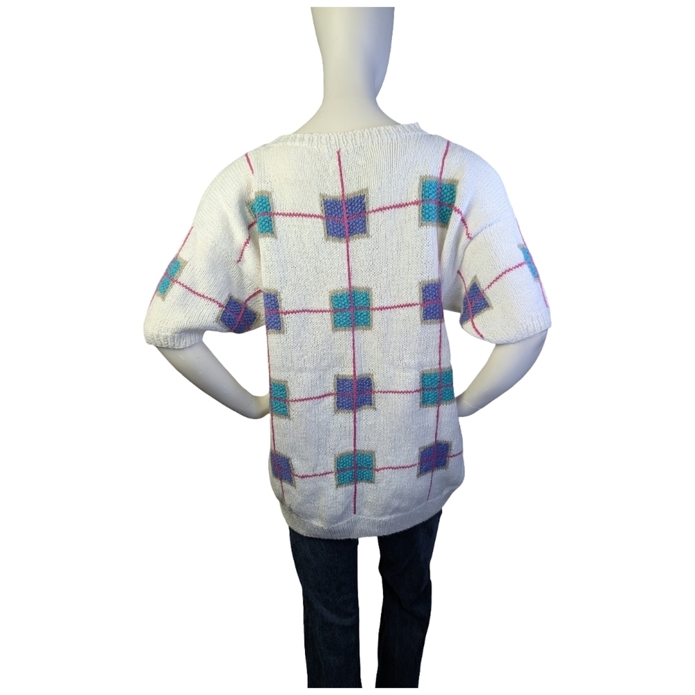 Vintage 80s 90s Northern Isles Hand Knit Short Sleeve Sweater | Pink Purple Teal - Picture 4 of 8